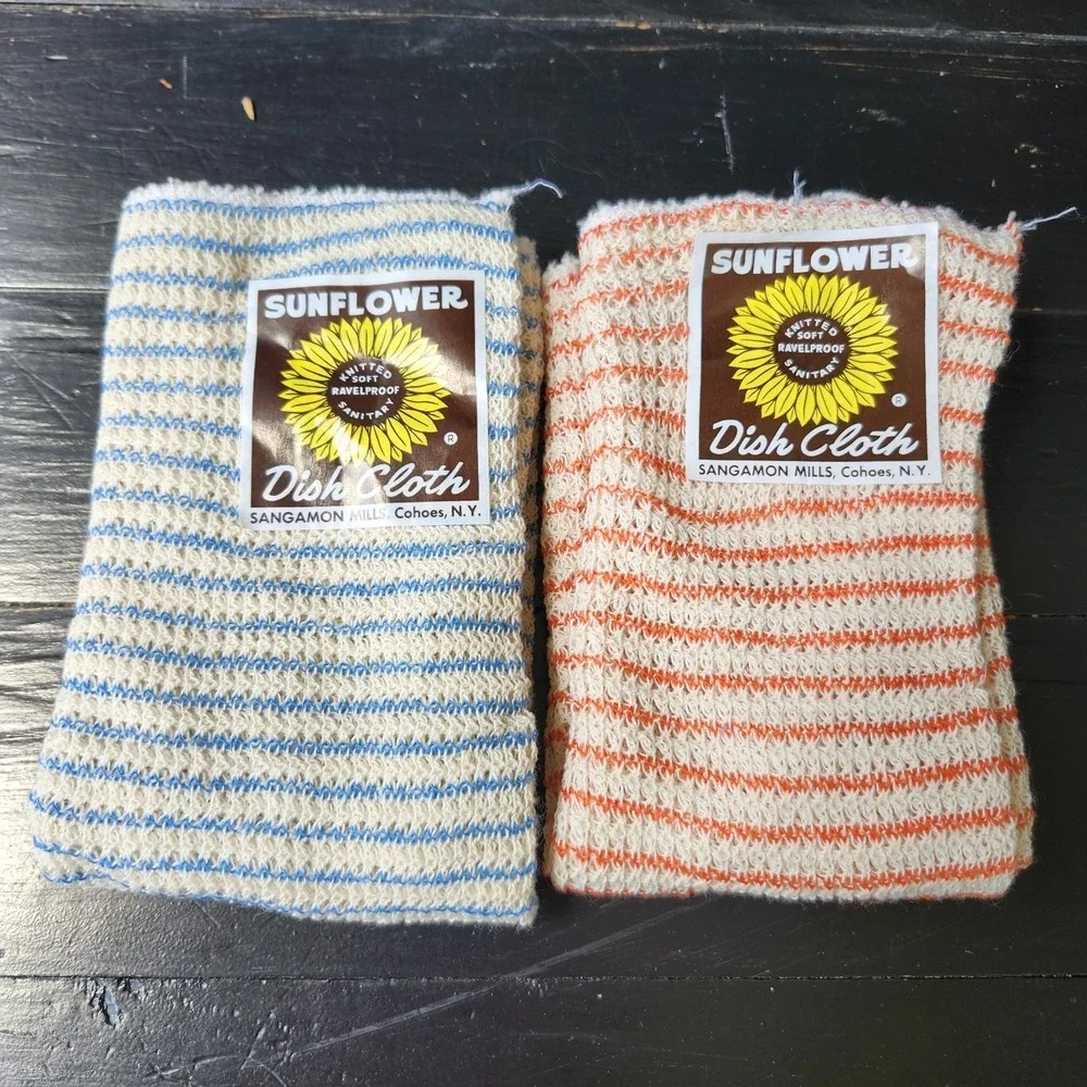 VTG Sangamon Mills Dish Cloths SUNFLOWER Cohoes NY Kitchen Towel Stripe Lot Of 2